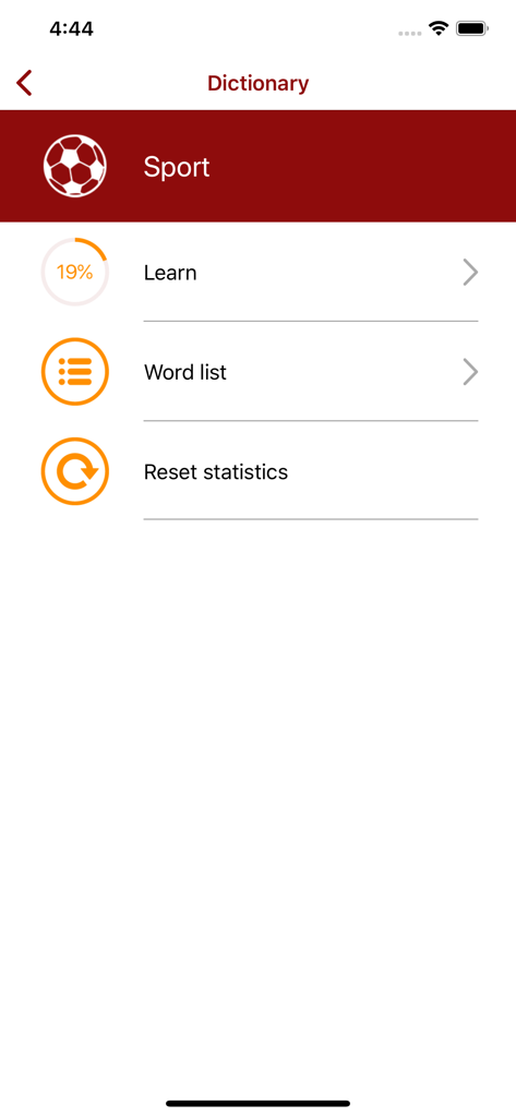 Interface do aplicativo Polyglot mostrando o menu da categoria Esportes com opções para aprender ou ver listas de palavras