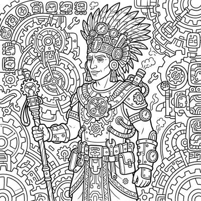 Discover a captivating fusion of ancient Mayan royalty and industrial fantasy with our Pakal the Great Steampunk coloring page. This intricate design invites you to reimagine history through a mechanical lens.