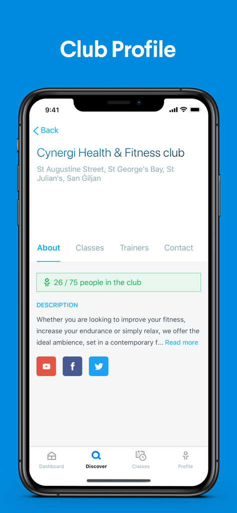 Cynergi - Cynergi mobile app showing club profile with real time gym occupancy and club description