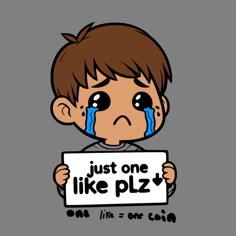 realistic crying boy with a sign saying just one like plz