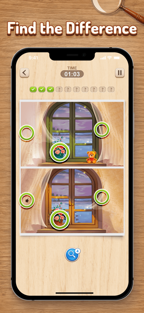 Find the Difference HD - A gameplay screenshot of Find the Difference HD showing two similar window scenes with differences circled in green.