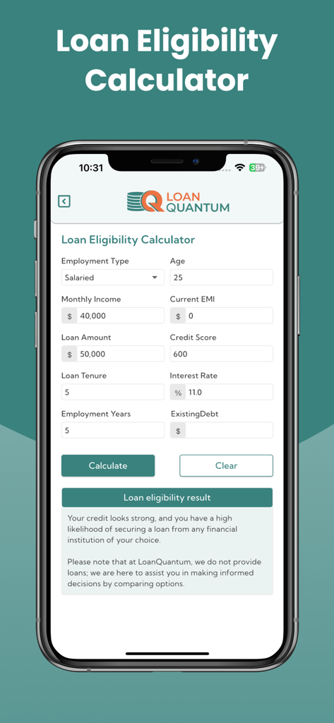 LoanQuantum - Interfaz de la aplicación LoanQuantum que muestra la calculadora de elegibilidad de préstamos con las entradas del usuario y los resultados