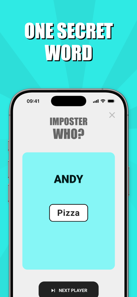 Imposter Who? - Word Game - Gameplay screen of Imposter Who app showing the secret word Pizza for a player named Andy