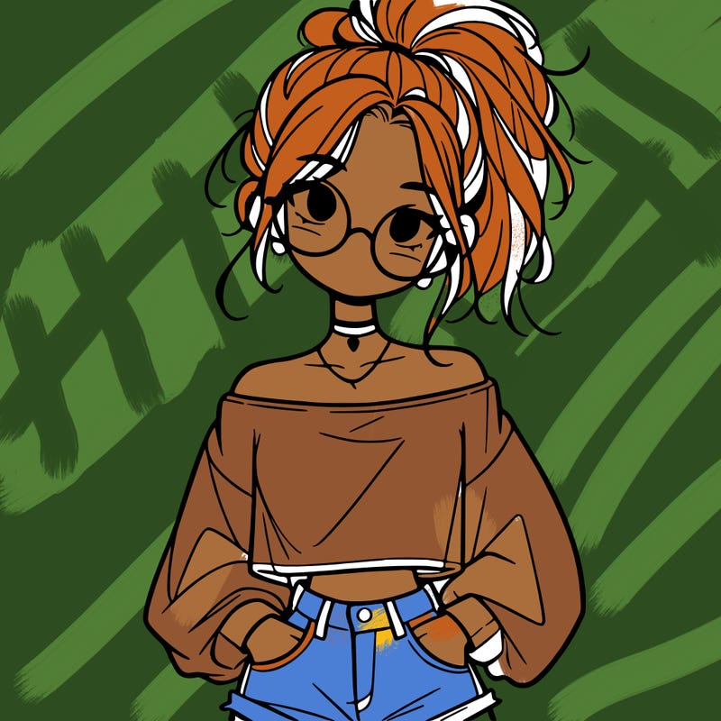 girl with a messy ponytail glasses a baggy crop top and jean shorts