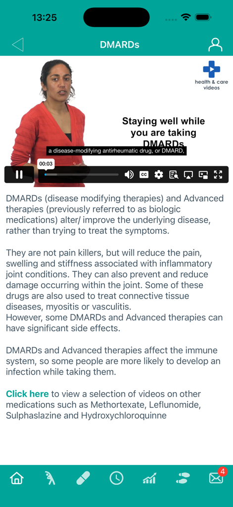CONNECTPlus - Screenshot of CONNECTPlus medical app showing an educational video and text about DMARDs treatments