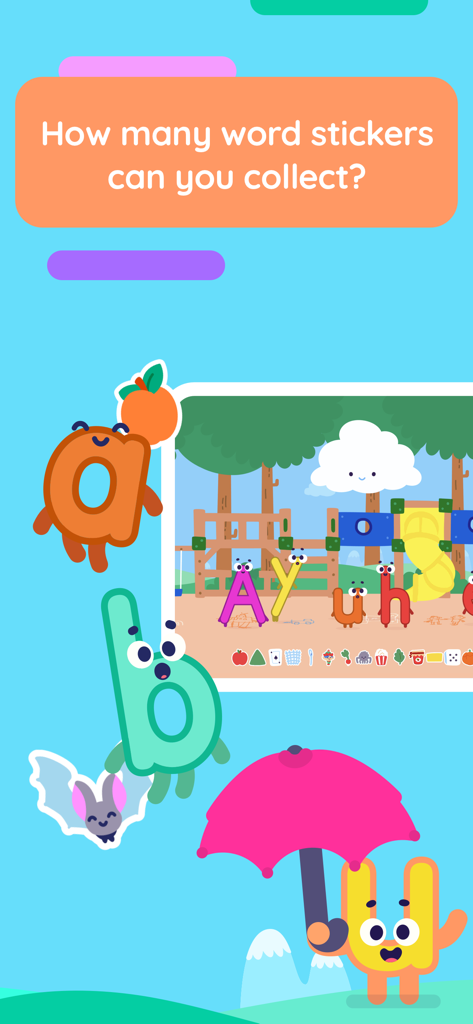 Animated letters and word stickers in the Hungry Cloud educational app for kids.