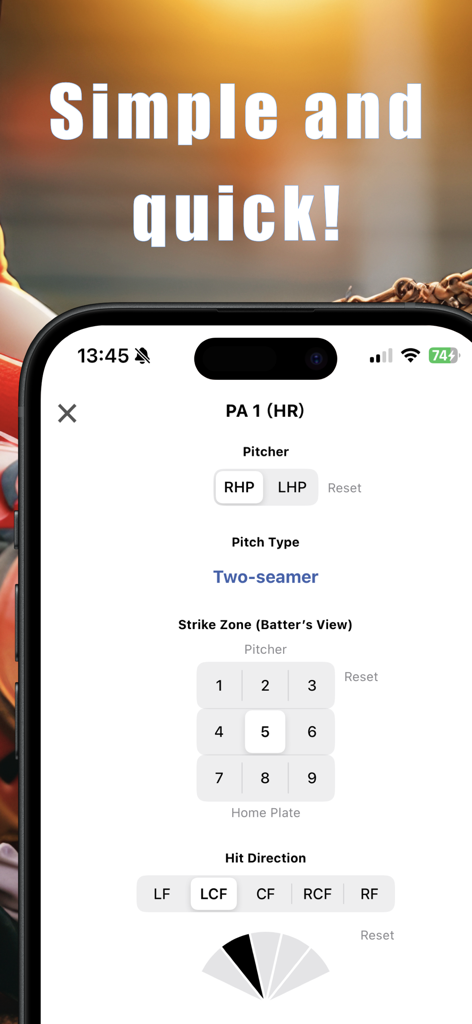Mobile Benutzeroberfläche von Statz Baseball Score Tracker zur schnellen Eingabe von Schlagdaten, einschließlich Schlagzone und Schlagrichtung.
