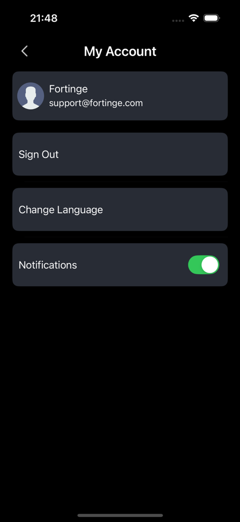 ForPrompt Mobile - ForPrompt Mobile app account settings page showing user profile information and notification options.