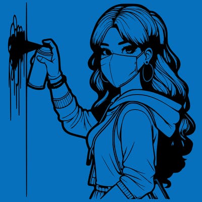 realistic girl with mask spray painting a wall