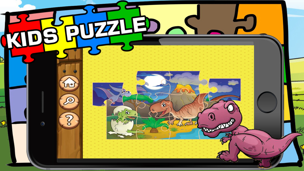 Dino Puzzle : Kids Dinosaurs Jigsaw Learning Games - Un juego de rompecabezas tipo rompecabezas de dinosaurios para niños con dinosaurios de dibujos animados y un volcán en la pantalla de un teléfono inteligente