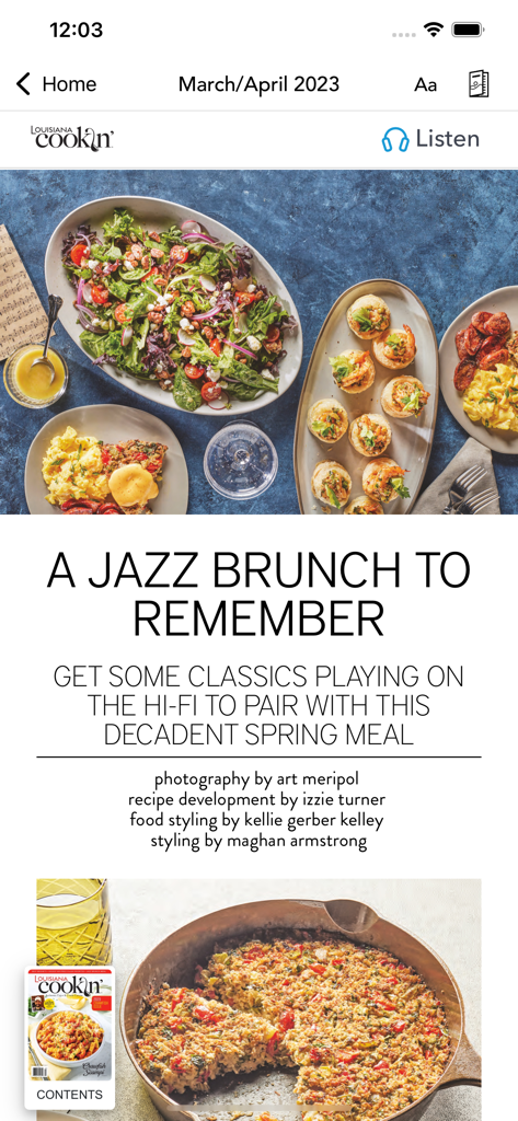 Louisiana Cookin' - Digital magazine article layout for A Jazz Brunch to Remember in the Louisiana Cookin app