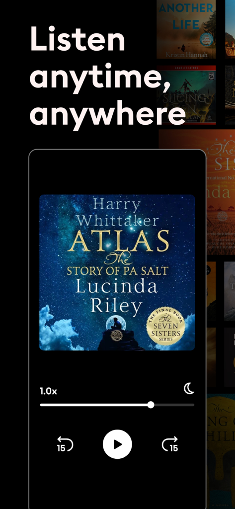 Die Storytel App-Oberfläche zeigt einen Hörbuch-Player für Atlas von Lucinda Riley mit dem Text Jederzeit und überall hören.