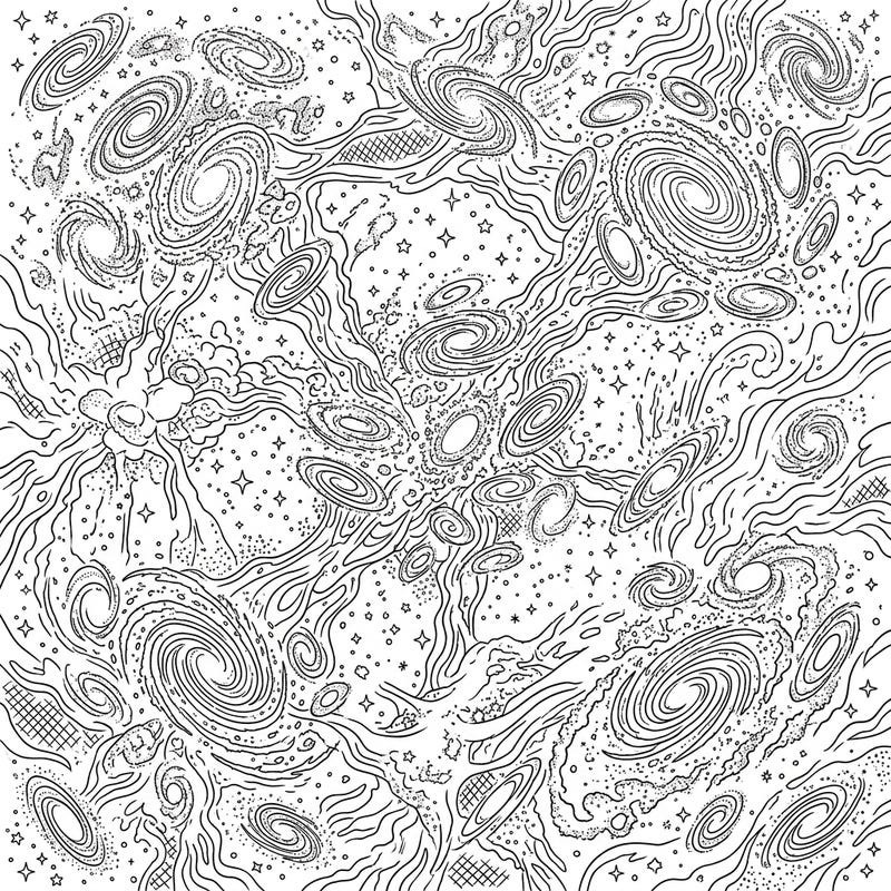 Dive into the mesmerizing beauty of the universe with this intricate galaxy clusters coloring page. Discover a cosmic tapestry of swirling galaxies, nebulae, and countless stars, ready for your artistic touch.