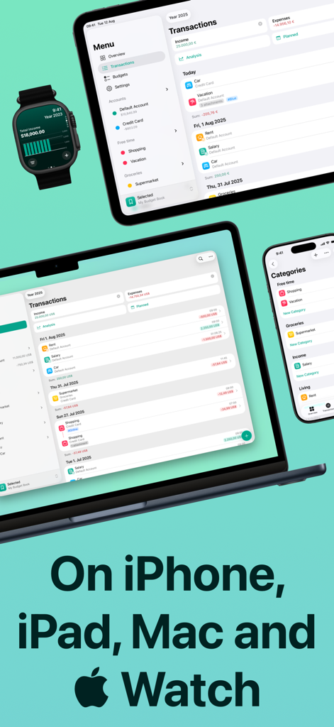 Budget Flow | Expense Tracker - Budget Flow app interface displayed on iPhone iPad Mac and Apple Watch