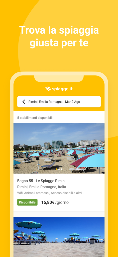 Spiagge.it - Booking spiaggia - Interfaccia dell'app mobile di Spiagge.it che mostra i risultati di ricerca per stabilimenti balneari a Rimini, inclusi prezzi giornalieri e servizi disponibili come Wi-Fi e accesso per animali.