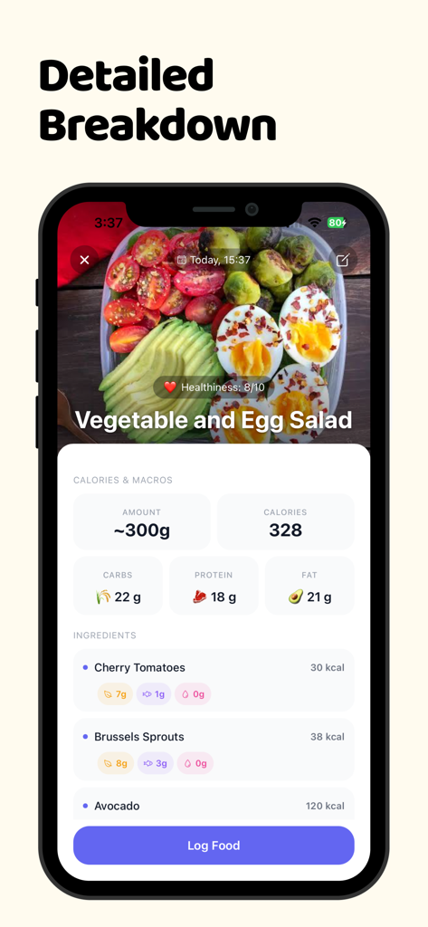 Calorie Tracker AI Food Coach - Detailed nutritional breakdown of a vegetable and egg salad in the Calorie Tracker AI app showing calories and macros