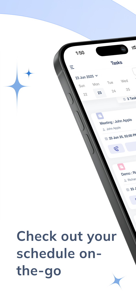 Tela do aplicativo móvel LeadSquared CRM mostrando uma agenda diária de tarefas para profissionais de vendas de campo.