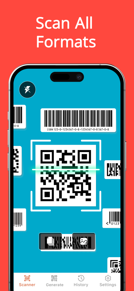 Interface do iPhone do aplicativo Leitor de Código QR mostrando a digitalização de vários formatos de QR e código de barras