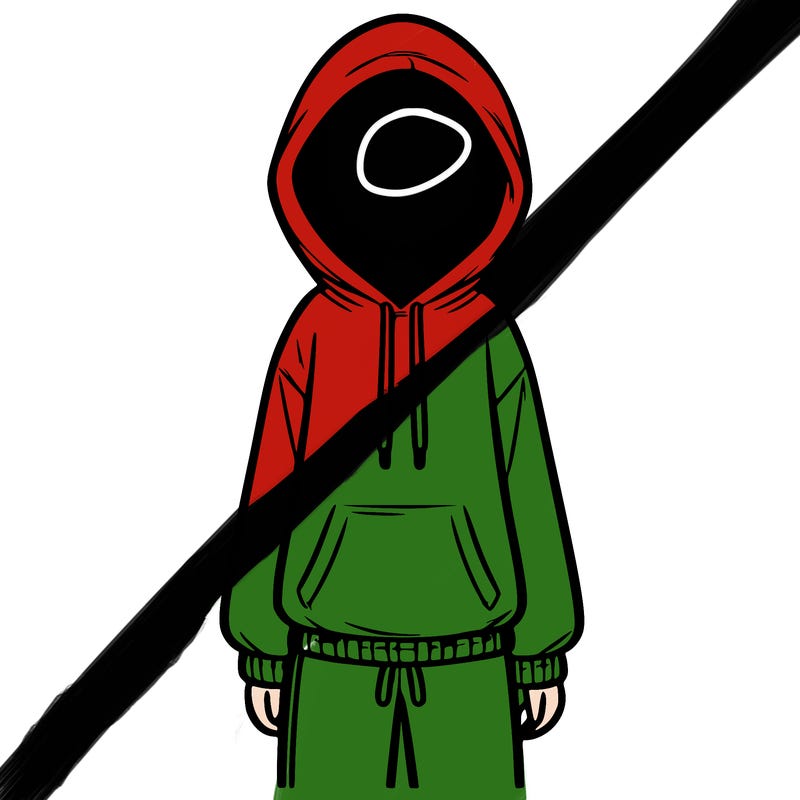 faceless girl in a tracksuit with a hood on and no hair