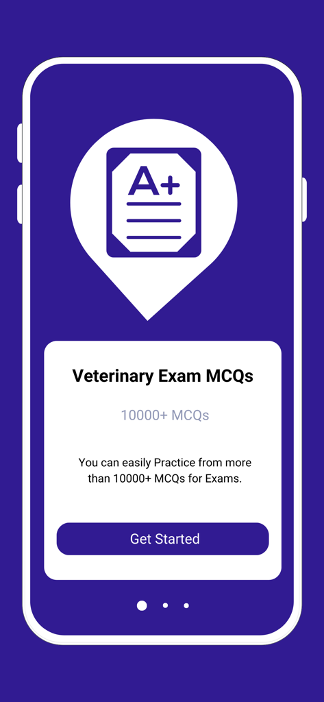 Pantalla de incorporación de la aplicación Veterinary Exam MCQs que muestra más de 10.000 preguntas de práctica y un botón para empezar.