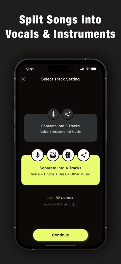 Vocal Remover & AI Separator - App interface for splitting songs into vocals instruments drums and bass tracks