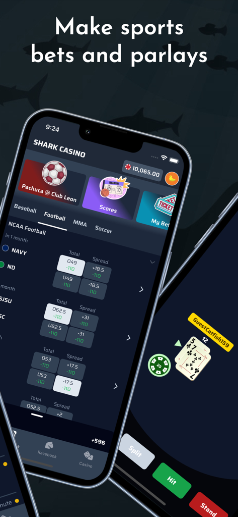 Shark Casino and Sportsbook - 상어 카지노 및 스포츠북 모바일 인터페이스에서 스포츠 베팅 배당률과 블랙잭 게임 플레이를 보여줍니다.