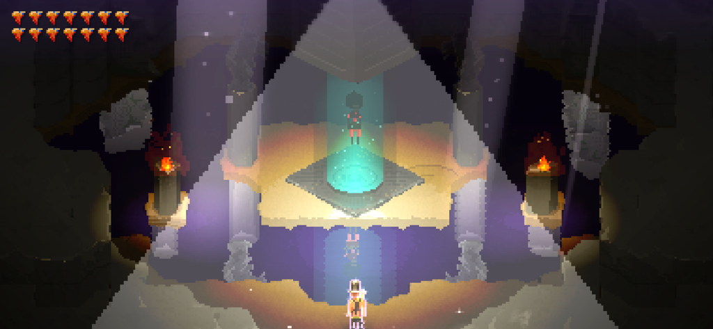 A pixel art scene showing a character standing in a beam of light inside a dark dungeon in the game Songbringer.