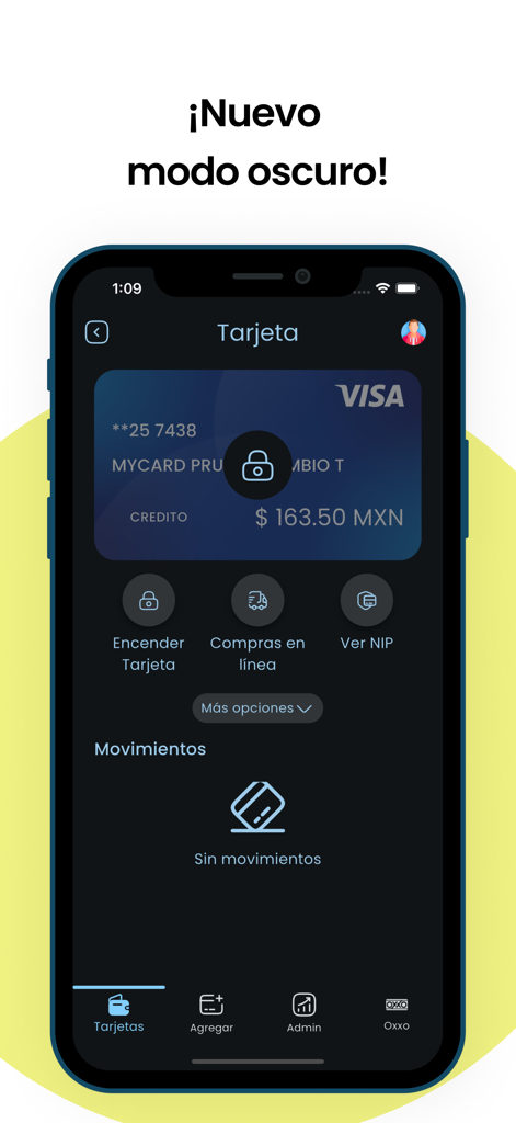 OneCard OCSI - Captura de pantalla de la interfaz de la aplicación móvil OneCard OCSI mostrando una tarjeta Visa digital con opciones de saldo y transacciones en modo oscuro.