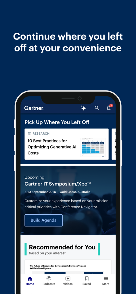 My Gartner Mobile - Interface de l'application My Gartner Mobile montrant les sections de recherche et d'événements