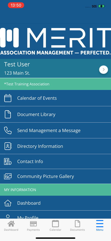 Merit Go! - Merit Go mobile app main menu showing homeowner association management features