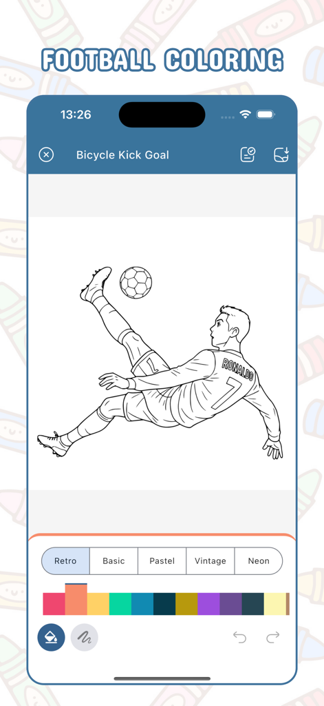 Football Coloring, Draw Soccer - Football coloring page of Ronaldo performing a bicycle kick goal