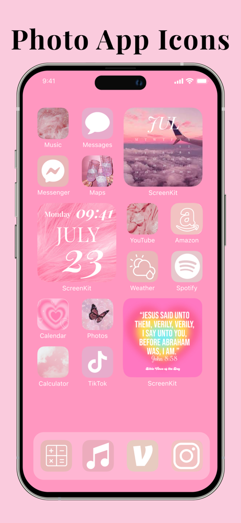 Una pantalla de inicio de iPhone con estética rosa personalizada con ScreenKit, con iconos de aplicaciones estilizados y widgets