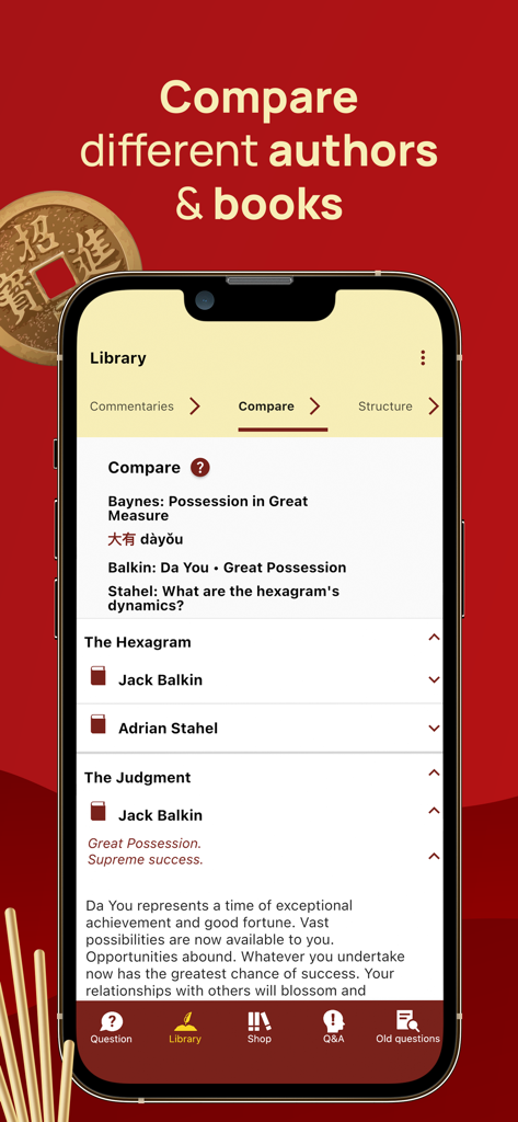 I Ching - Yi Jing Library - Smartphone screen showing the I Ching app comparison feature for reading hexagram commentaries from various scholars.