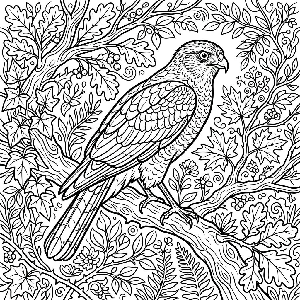 Sparrowhawk Forest Coloring Page | Detailed Nature Art