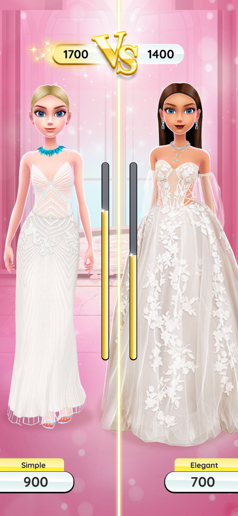 Fashion competition screen showing two models in white gowns with points in Super Stylist