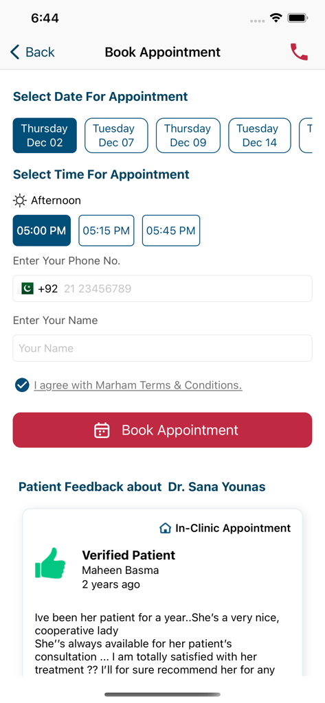 Mobile screen of the Marham app showing the doctor appointment booking process with date and time selection
