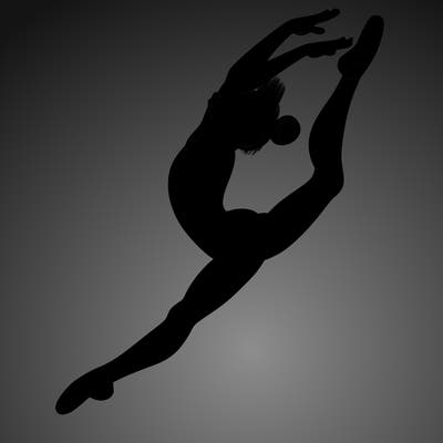 gymnast doing a leap in a leotard with a bent back leg