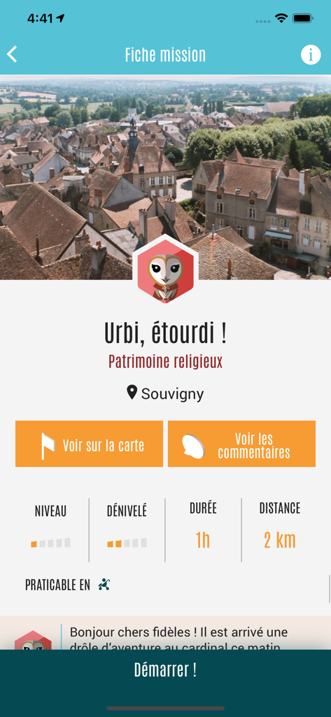 PÉPIT - PEPIT app mission screen for a treasure hunt in Souvigny showing route details and an owl character