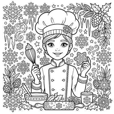 Embrace the magic of winter baking with this adorable coloring page featuring a cheerful chef. Surround yourself with snowflakes and festive treats as you bring this delightful scene to life.
