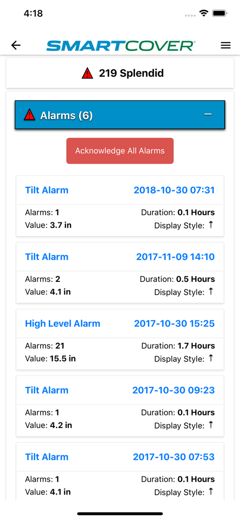 SmartCover - Interfaz de la aplicación SmartCover que muestra una lista de alarmas de monitorización de aguas residuales, incluidas alarmas de inclinación y nivel alto, con un botón de reconocimiento.