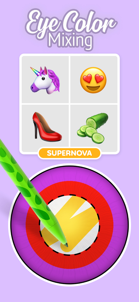 Eye Color Mix game screen showing a colorful iris being painted with a green pen using emoji and object references
