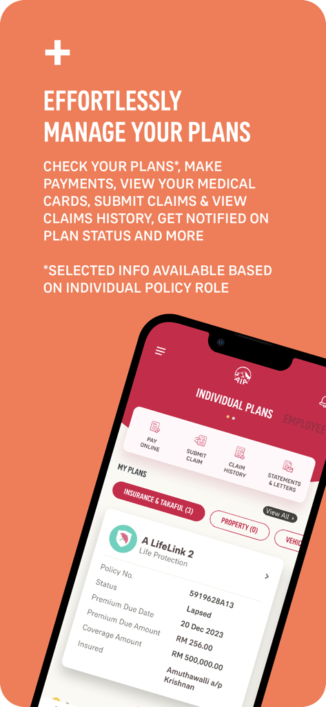 Interface of the AIA plus Malaysia app showing individual insurance policy details and management options like paying online and submitting claims.