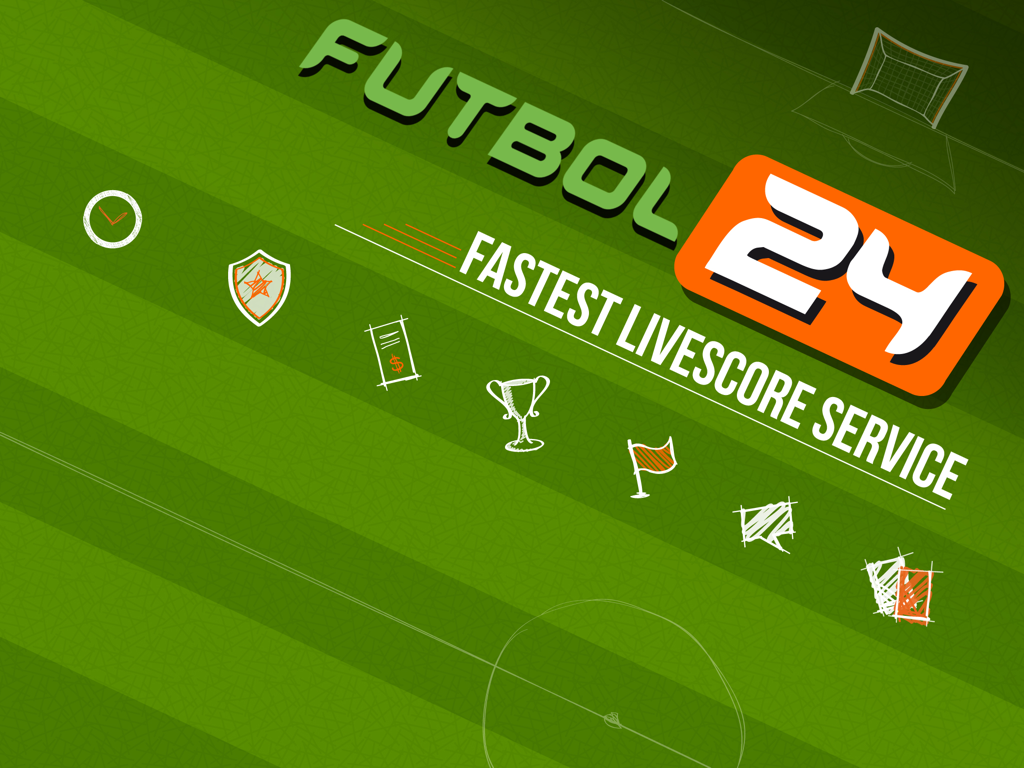 Futbol24 HD - Logo et slogan de l'application Futbol24 HD : service de scores en direct le plus rapide, sur fond de terrain de football.
