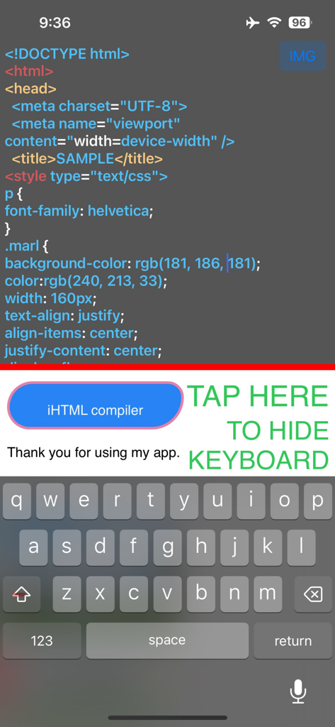 iHTML Compiler - HTML and CSS code editor interface with mobile keyboard in the iHTML Compiler app