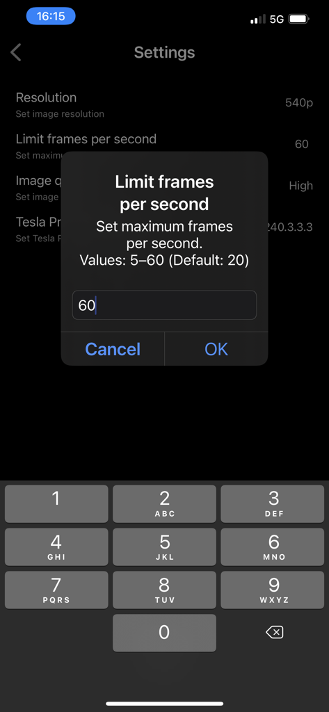 TslaMirror app settings interface for limiting frames per second