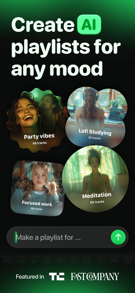 AI Playlist Maker: PlaylistAI - Interface of PlaylistAI app displaying curated playlists for various moods and a prompt bar to create custom music lists with AI.