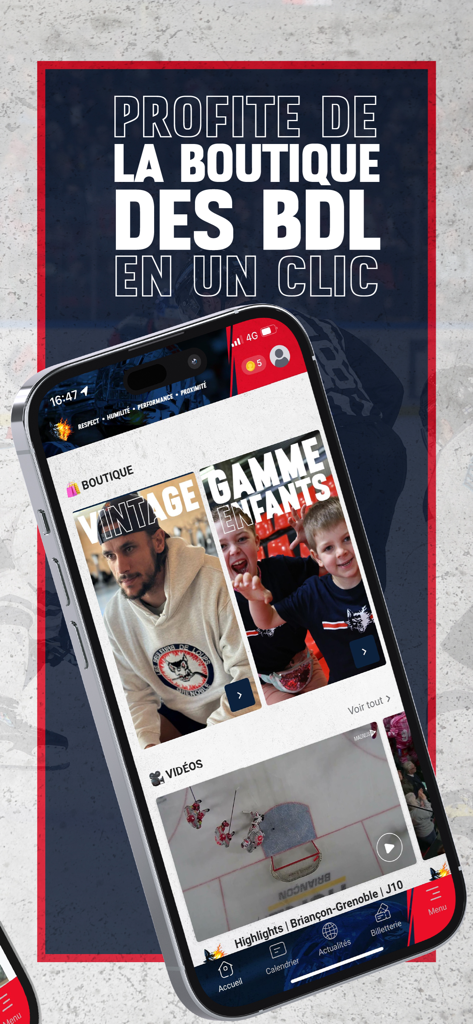 Bruleurs de Loups - The official Bruleurs de Loups mobile app interface showing the club shop and video highlights