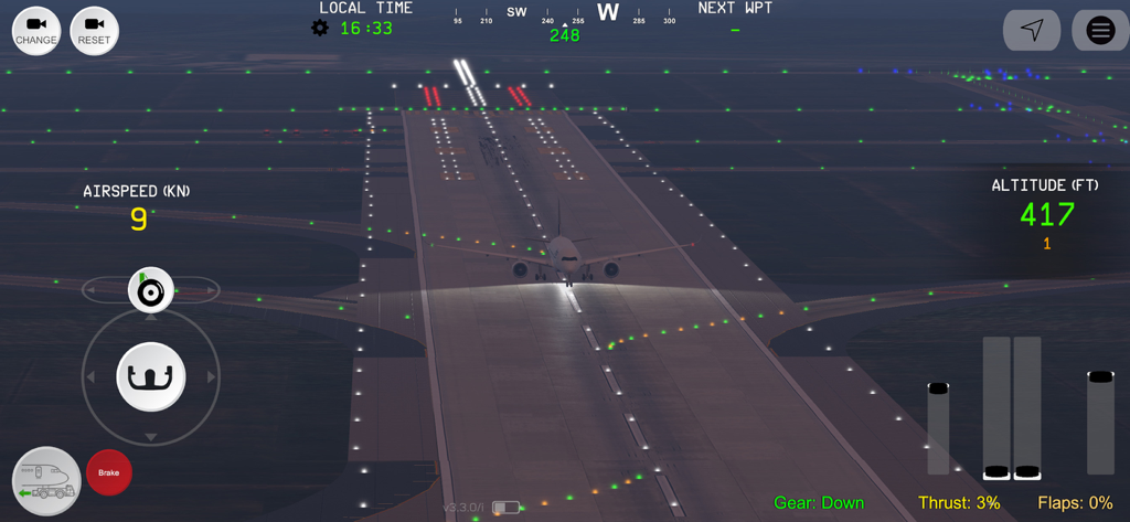 Flight Simulator Advanced - An airplane on a lighted runway at night during takeoff or landing in the Flight Simulator Advanced mobile app.