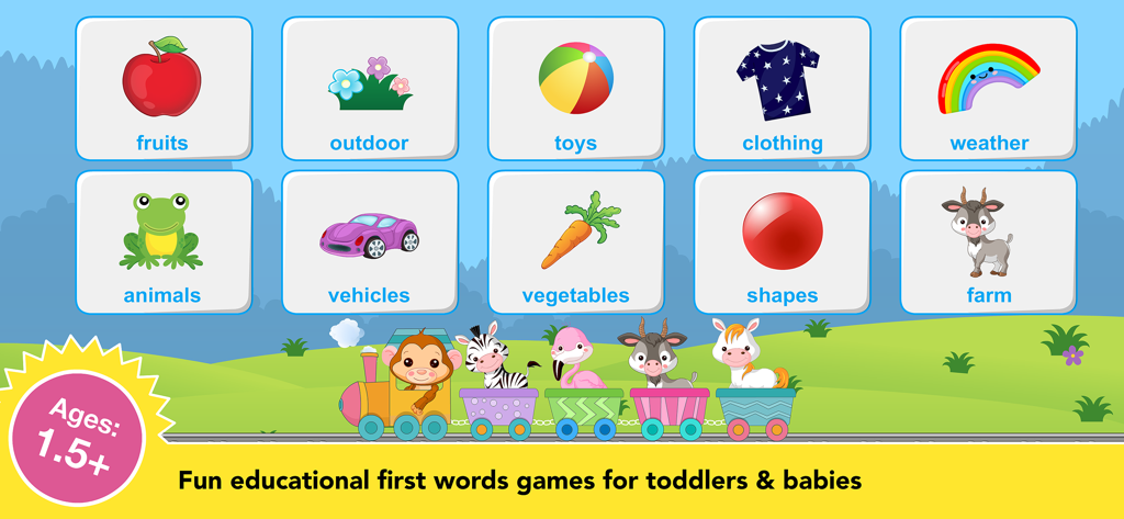 Toddler Games For 2 Year Olds. - Educational learning categories for toddlers in the Baby Bubble School app featuring animals, fruits, and shapes.