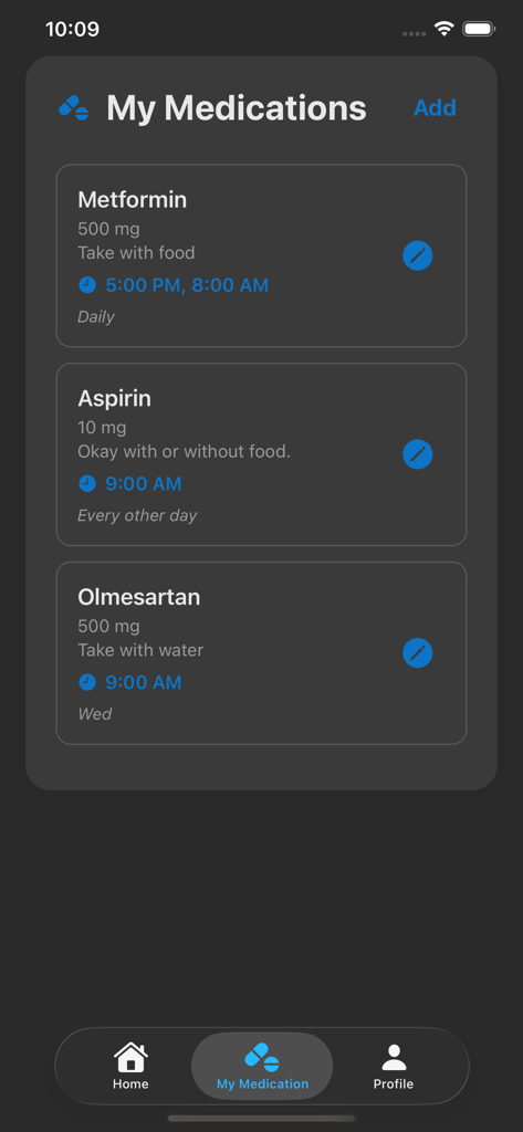 Daily Minder - Una interfaz limpia que muestra una lista de medicamentos y sus recordatorios en la aplicación Daily Minder